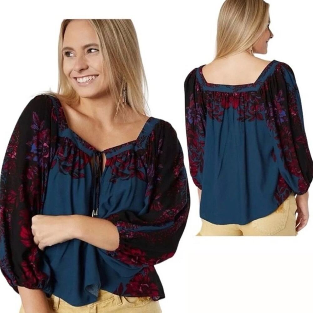 Free People Teal and Black Floral Peasant Blouse
